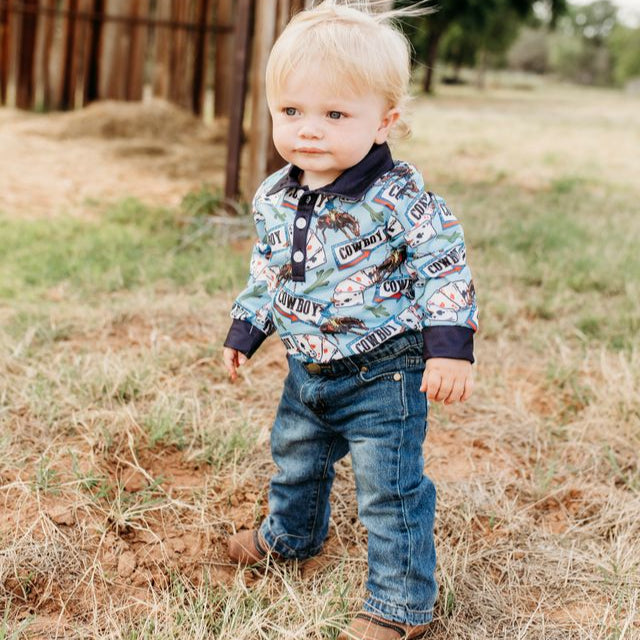 Vegas Cowboy LS Polo Onesies, 0-18M (Sold pack of 6)
