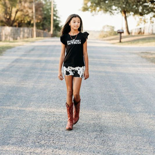 YOUTH Black Cowprint Shorts, 8-14 (Sold pack of 8)