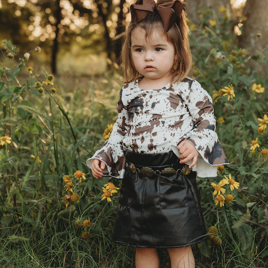 Brown Cowprint Bell Sleeve Onesie, Size 0-2T (Sold packs of 8)