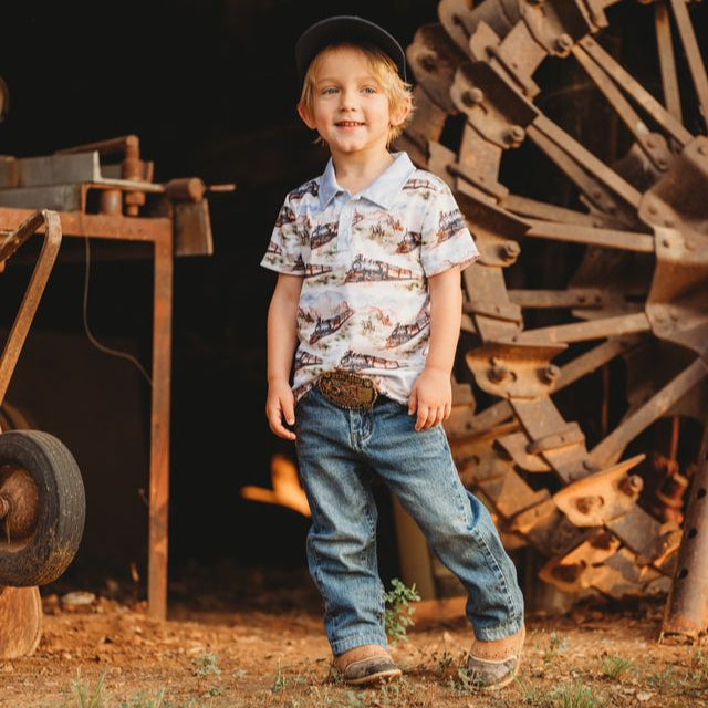 Boys Western Train Print Polo Shirt, Size 2T-5T (Sold pack of 8)