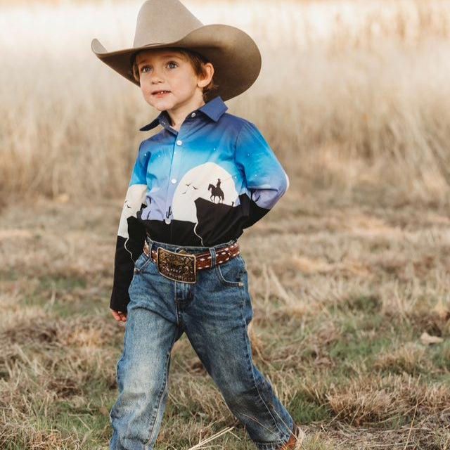 Retro Cowboy Blue LS Pearl Snap Shirt, Size 6-7 (Sold pack of 4)