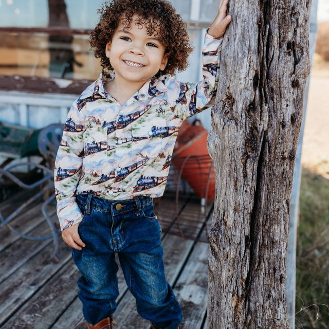 Western Train LS Pearl Snap Shirt, Size 2T-5T (Sold pack of 8)