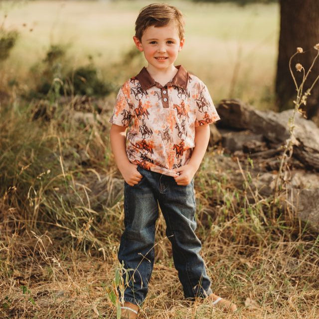 Boys Traveling Cowboy Print Polo Shirt, Size 2T-5T (Sold pack of 8)