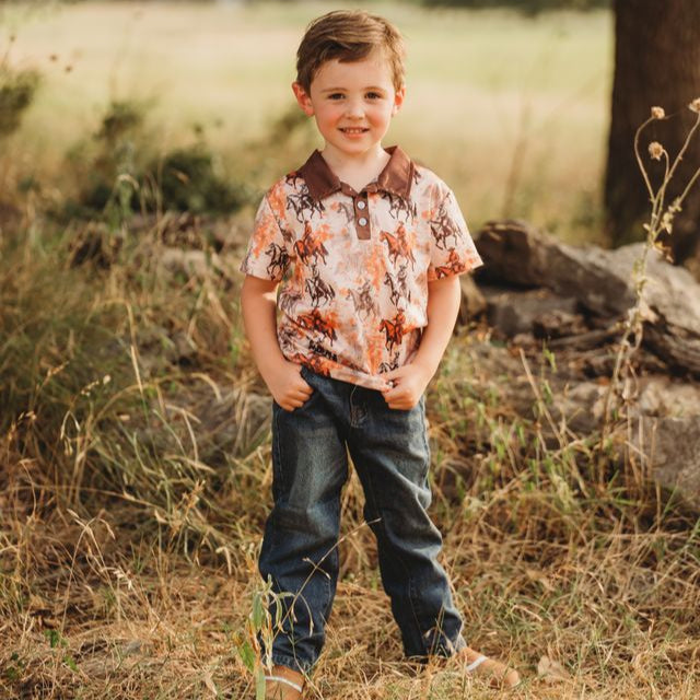 Boys Traveling Cowboy Print Polo Shirt, Size 6-7T (Sold pack of 4)