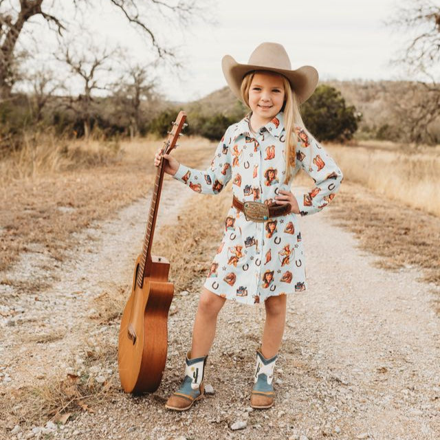 Blue Vintage Cowgirl Pearl Snap LS Dress, 6M-5T (Sold in pack of 6)