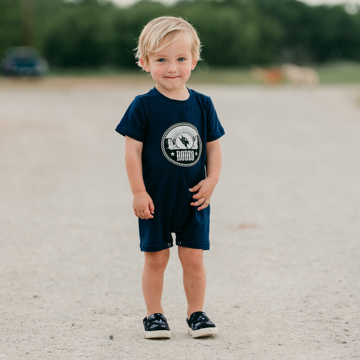 NAVY RODEO ROMPER, 0-2T (Sold in pack 8)