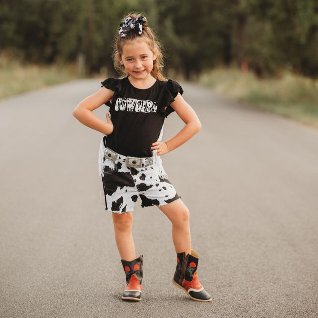 Black Cowprint Fringe Shirt, Size 6-7T (Sold pack of 4)
