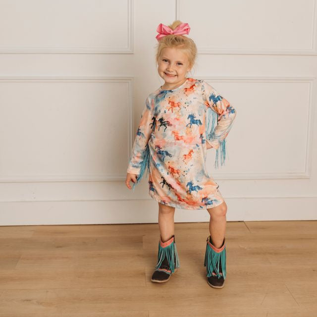 Watercolor Horse Fringe Dress, 6-7 (Sold in pack of 2)