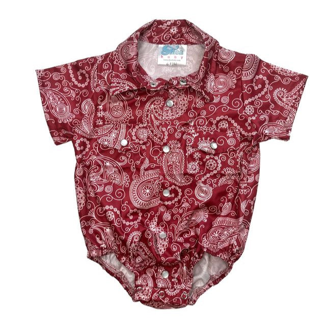 Maroon Paisley SS Pearl Snap Onesie, Size 0-18M ( Sold pack of 6)