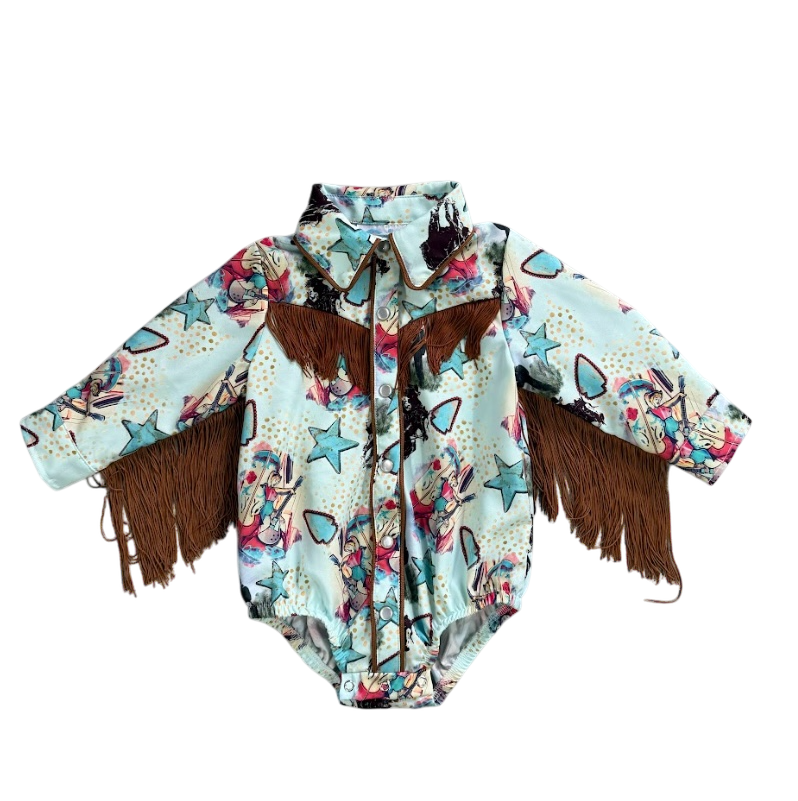 Tourquoise Cowgirl Fringe Pearl Snap Onesie, Size 0-2T (Pack of 8)