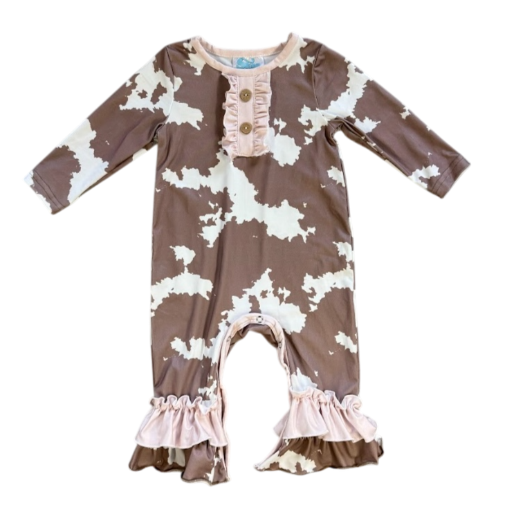 Brown Cowprint Long Sleeve Romper, Sizes 0-2T (Sold in pack 8)