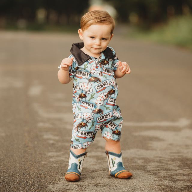 Boys Vegas Cowboy Print Romper, Size 0-6M-2T (Sold in Pack of 8)