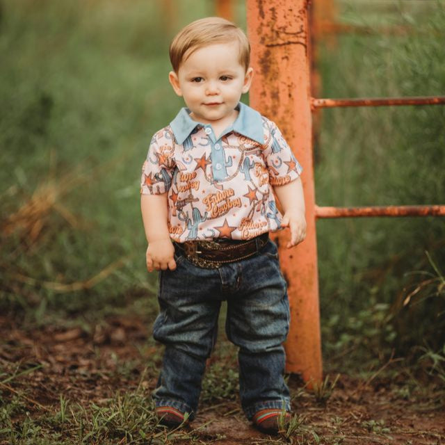 Boys Future Cowboy Print Polo Onesie, Size 0-12-18M (Sold pack of 6)