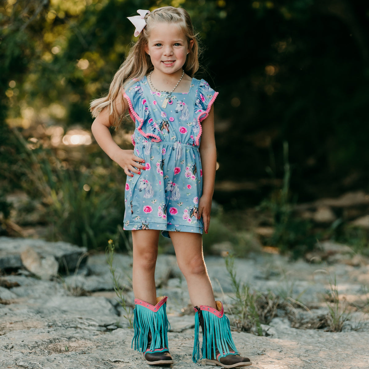 Blue Floral Horse Shorts Romper, 2T-5T (Sold pack of 8)