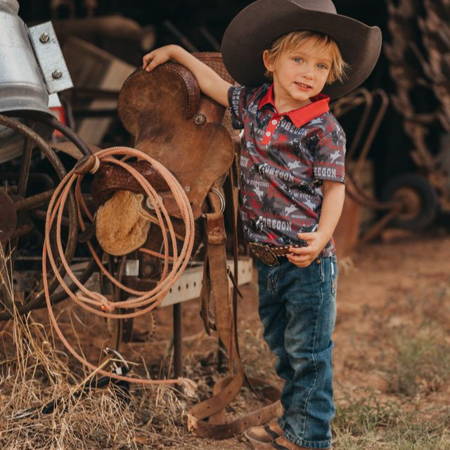Boys Rodeo Road Black Print Polo Shirt, Size 6-7T (Sold pack of 4)