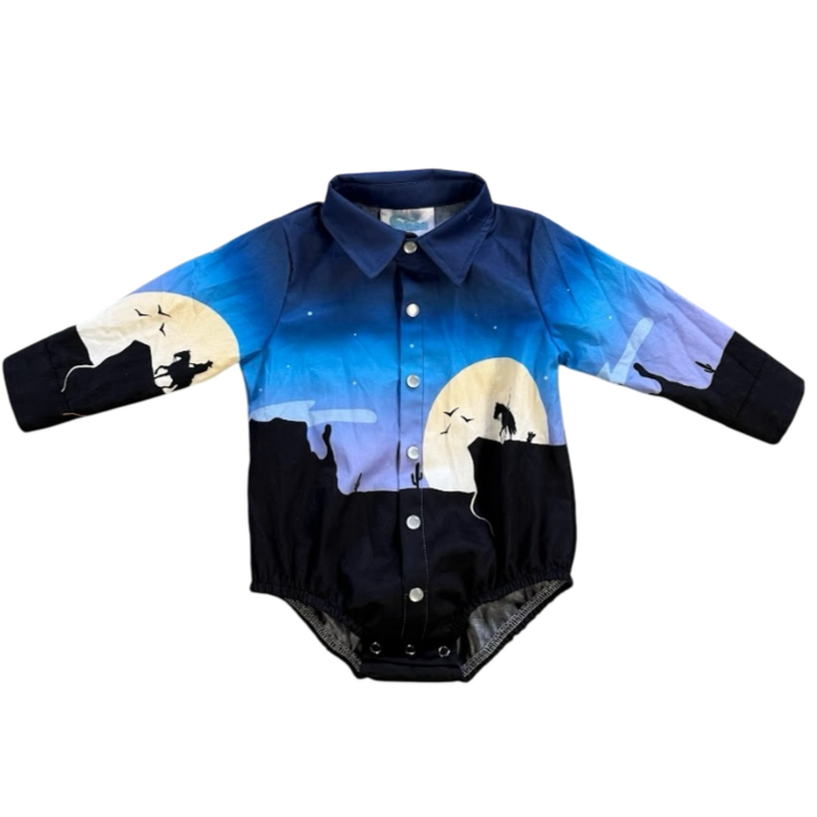 Retro Cowboy Blue LS Pearl Snap Onesie, Size 0-18M ( Sold pack of 6)