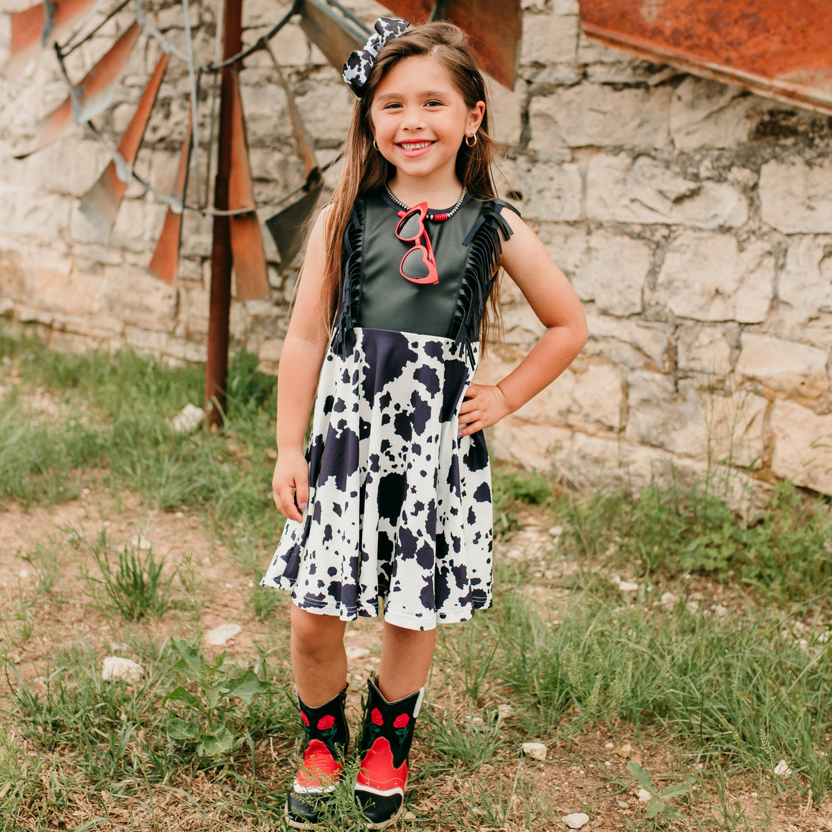 Cowprint Leather Top Fringe Dress, 0-5T (Sold pack of 7)