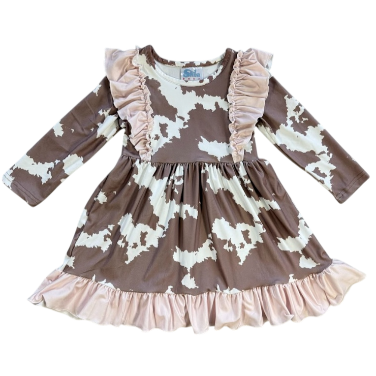 Brown Cowprint Ruffle Dress, 0-5T (Sold in packs of 7)