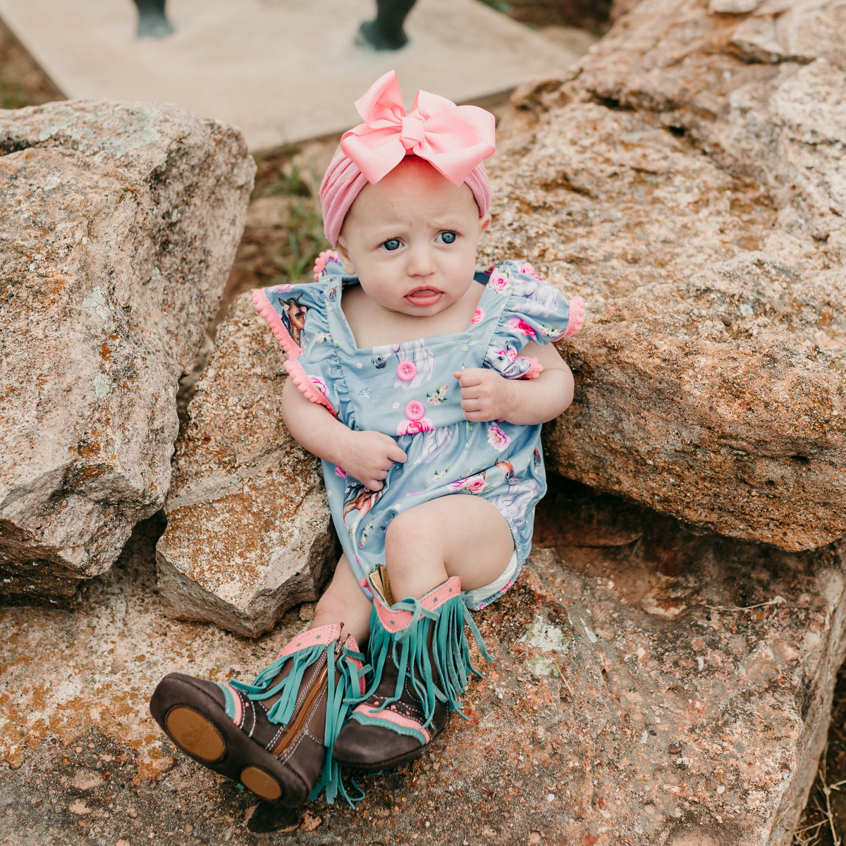 Blue Floral Horse Infant Romper, 0-12-18M (Sold pack of 6)