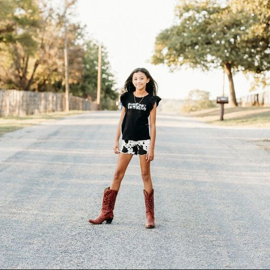 YOUTH Black Cowprint Shirt, 8-14 (Sold pack of 8)