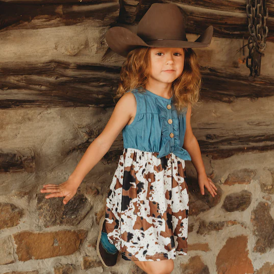 Brown Cowprint Denim Dress, 0-5T (Sold pack 7)