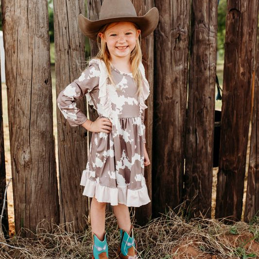 Brown Cowprint Ruffle Dress, 0-5T (Sold in packs of 7)