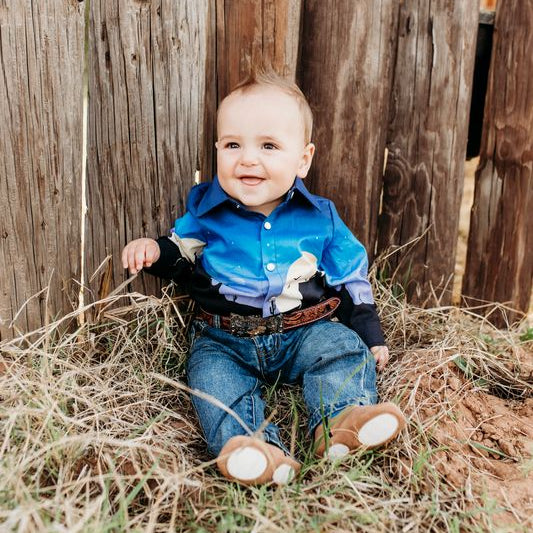 Retro Cowboy Blue LS Pearl Snap Onesie, Size 0-18M ( Sold pack of 6)