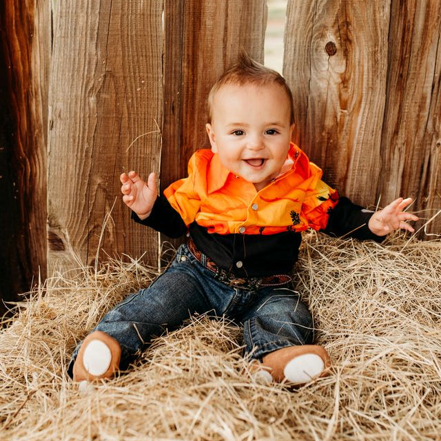 Retro Cowboy Orange LS Pearl Snap Onesie, Size 0-18M ( Sold pack of 6)