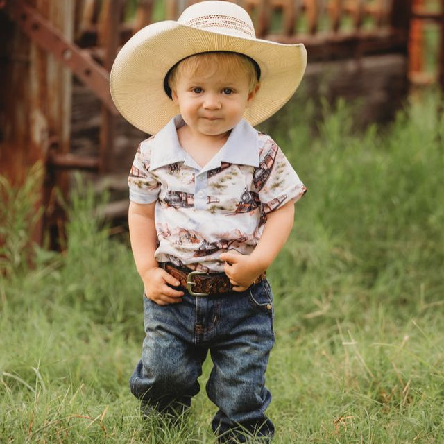 Boys Western Train Print Polo Onesie, Size 0-12-18M (Sold pack of 6)