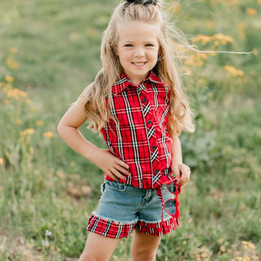 Denim Shorts W/ Plaid Ruffle, 6-12-5T (Sold pack of 6)