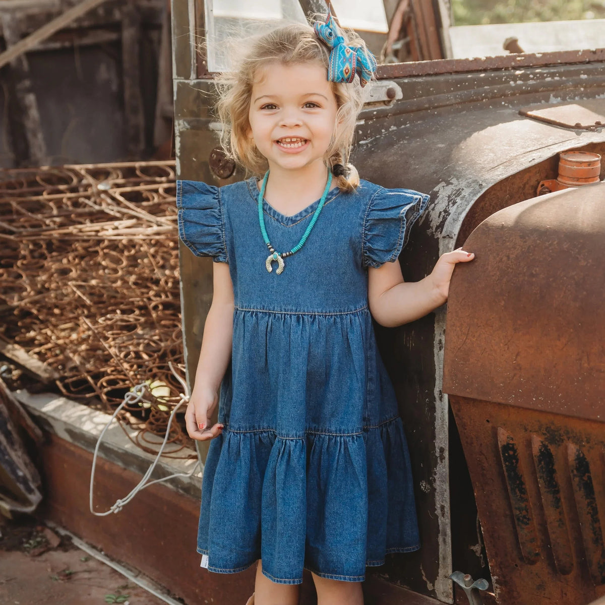 Denim Ruffle Sleeve Dress, 6T-7T (Sold packs of 2)