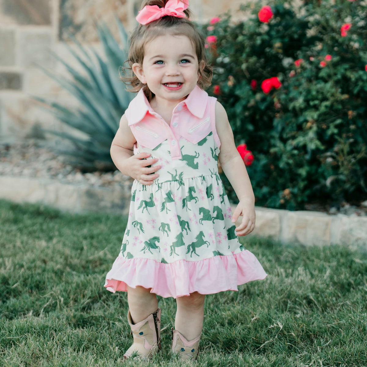 Green & Pink Horse Vintage Dress, 0-5T (Sold in pack of 7)