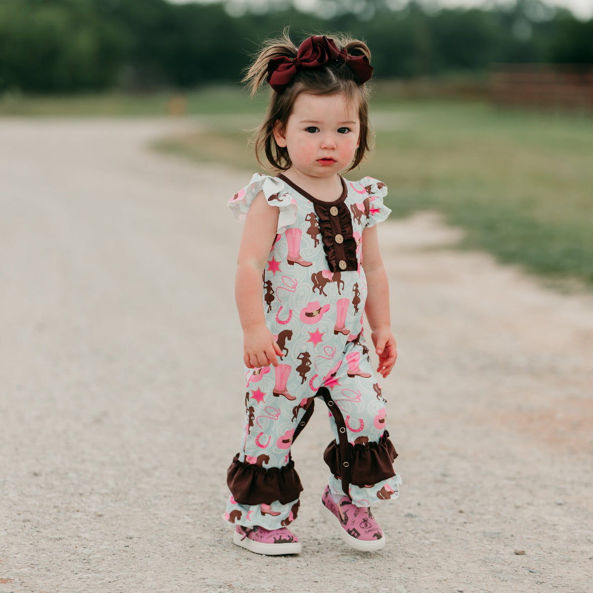 Turq Cowgirl SS Romper, 0-2T (Sold pack of 8)