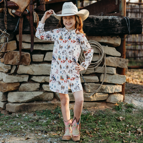 Pink Vintage Cowgirl Long Sleeve Pearl Snap Dress, Size 6M-5T (Sold pack of 6)