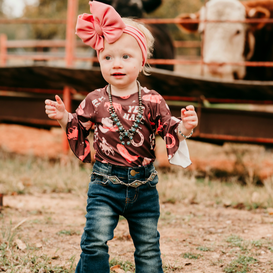Yeehaw Cowgirl LS Bell Onesie, Size 0-5T (Sold packs of 8)