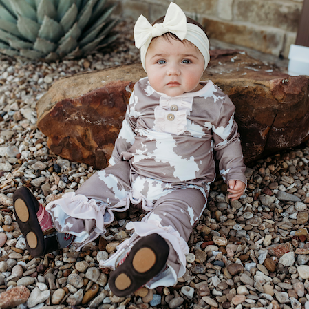 Brown Cowprint Long Sleeve Romper, Sizes 0-2T (Sold in pack 8)