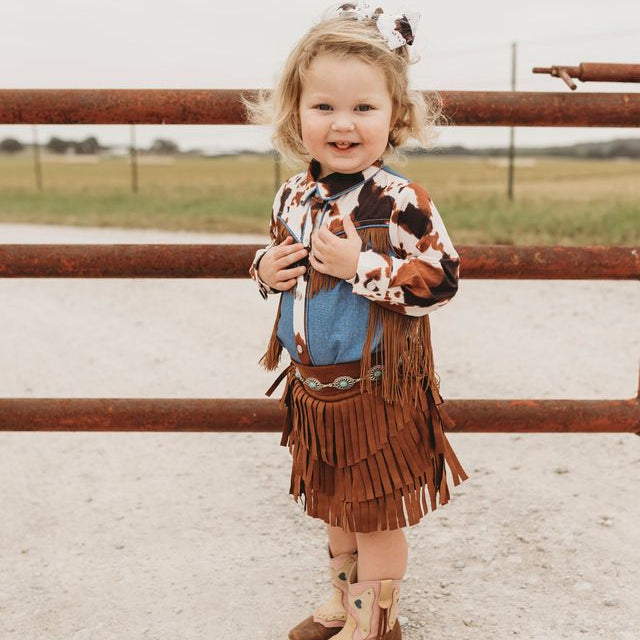 Brown Cowprint Fringe LS Pearl Snap Onesie, Size 0-2T  (Pack of 8)