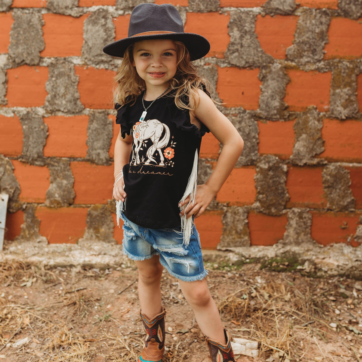 Black Be A Dreamer Fringe Shirt Size 6-7 (Sold pack of 4)