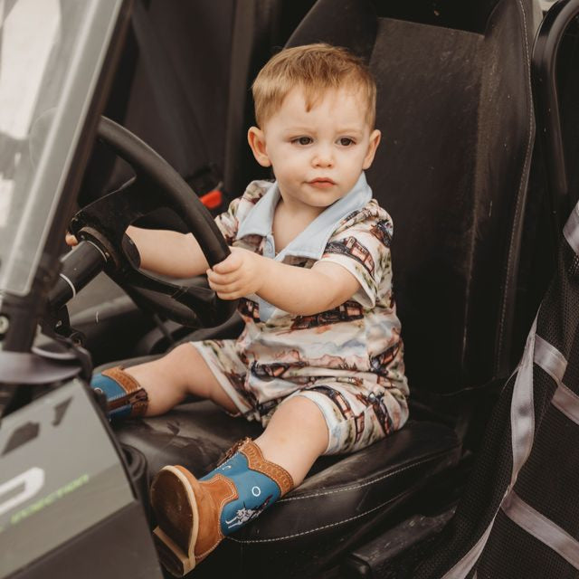Boys Western Train Print Romper, Size 0-6M-2T (Sold in Pack of 8)