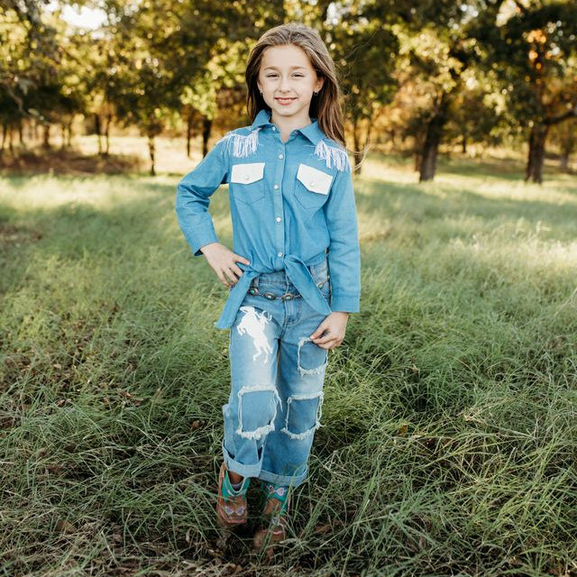 YOUTH Raring Horse Denim Tie Shirt, 8-12 (Sold pack of 6)