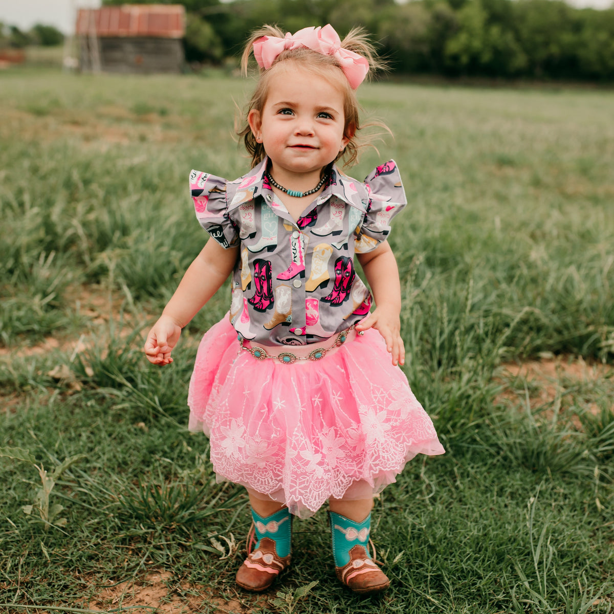 Grey Boot Ruffle Snap Onesie, 0-2T (Sold pack of 8)