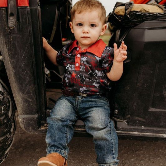 Boys Rodeo Road Black Print Polo Onesie, Size 0-12-18M (Sold pack of 6)
