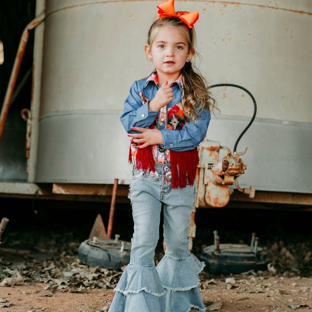 Aztec Denim Fringe LS Pearl Snap Shirt, Size 6-7 (Pack of 4)