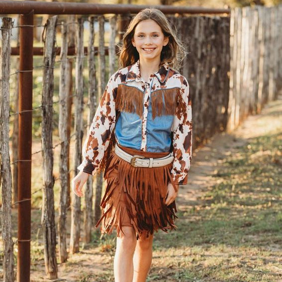 YOUTH Brown Cowprint Fringe LS Pearl Snap Shirt, 8-12 (Sold pack of 6)