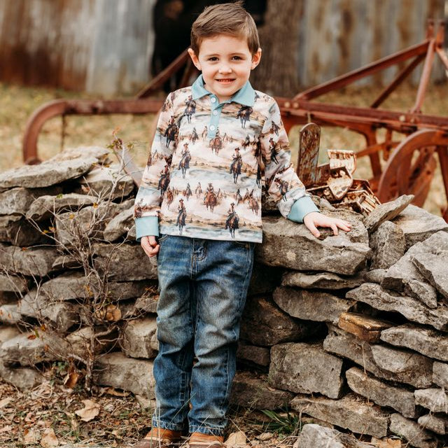 Sunrise Cowboy LS Polo Shirt, Size 6-7 (Sold pack of 4)