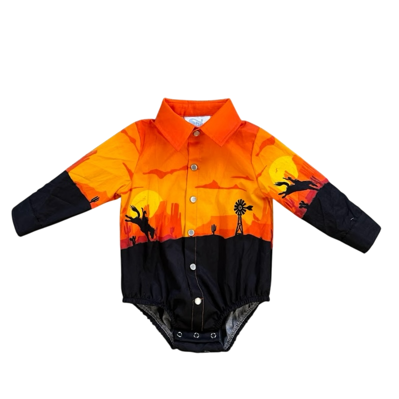 Retro Cowboy Orange LS Pearl Snap Onesie, Size 0-18M ( Sold pack of 6)