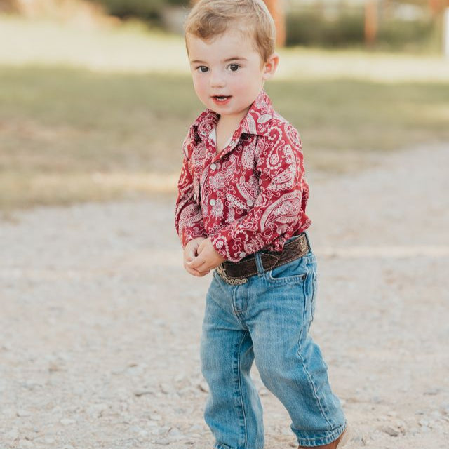 Maroon Paisley LS Pearl Snap Onesie, Size 0-18M ( Sold pack of 6)