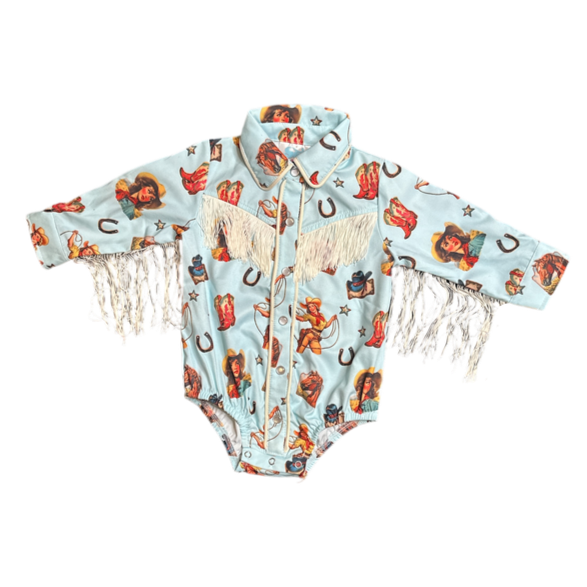 Blue Vintage Cowgirl Fringe Pearl Snap Onesie, 0-2T (Sold pack of 8)
