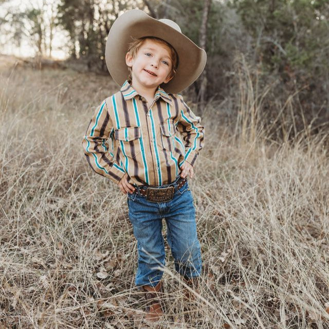 Tan Stripe Vintage LS Pearl Snap Shirt, Size 6-7 (Sold pack of 4)