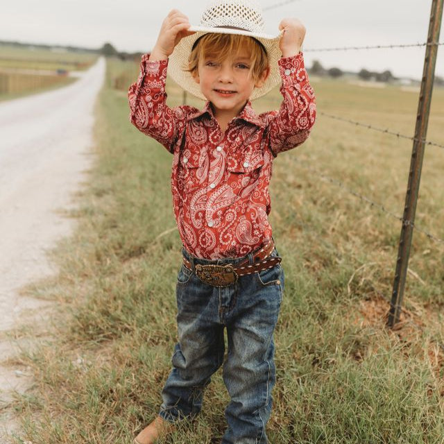 Maroon Paisley LS Pearl Snap Shirt, Size 6-7T (Sold pack of 4)